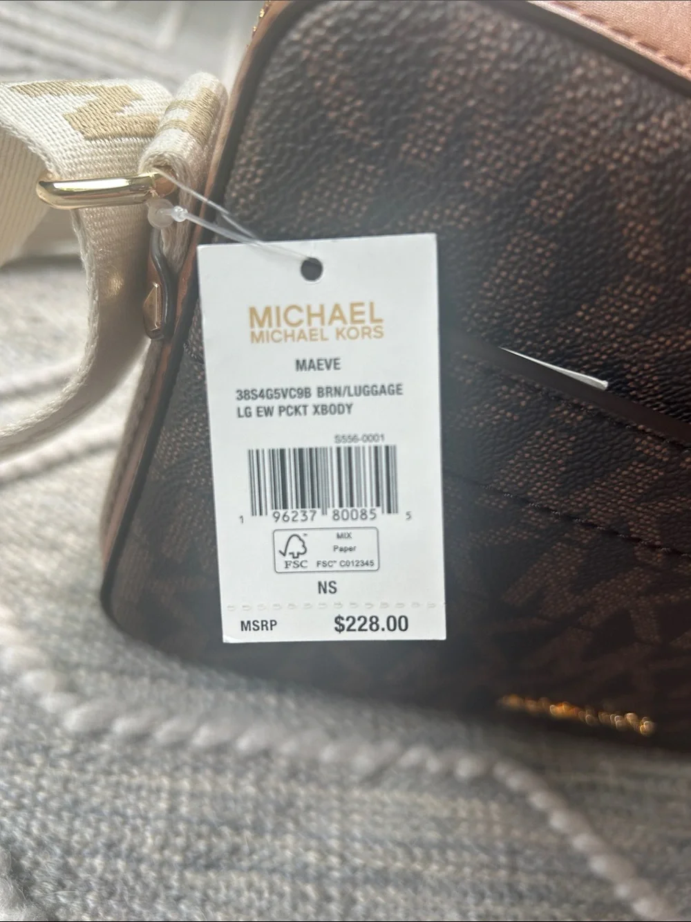 NWT Michael Kors Maeve Brown MK Logo Messenger Bag with Adjustable Cream Strap